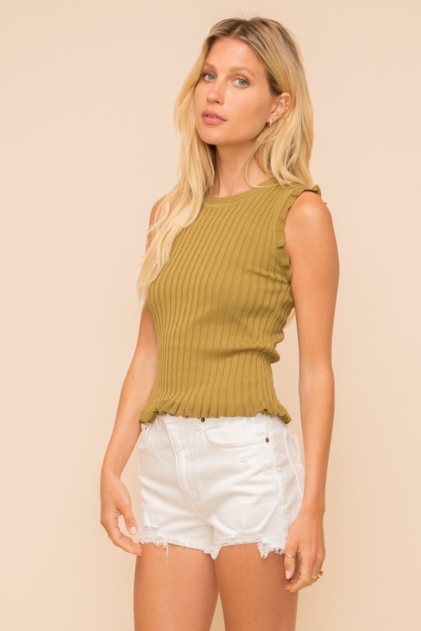 Ruffle Sleeve Tank Moss Green