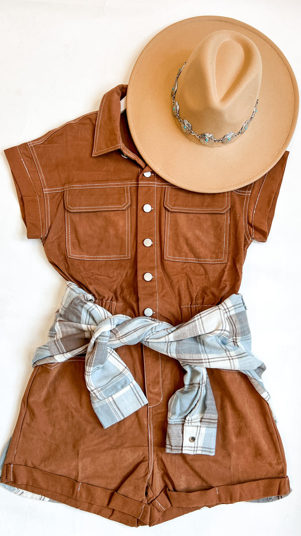 Brown Denim Shorts Romper