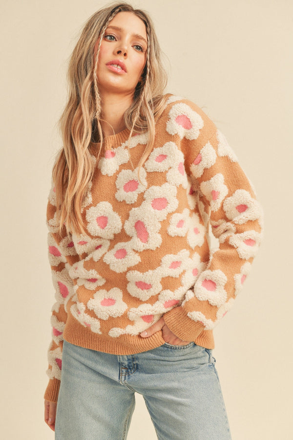Camel and Pink Flower Sweater