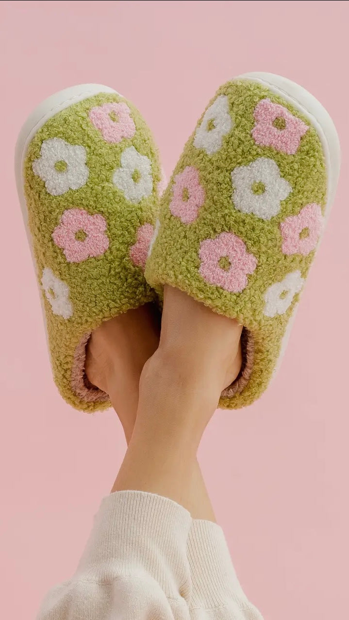 Green Floral Sherpa Slippers
