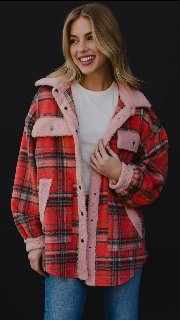 Red, Tan + Pink Plaid Fleece Jacket