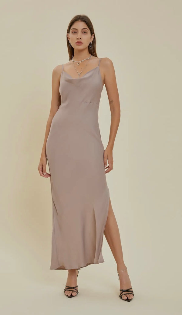 Mocha Satin Midi Dress