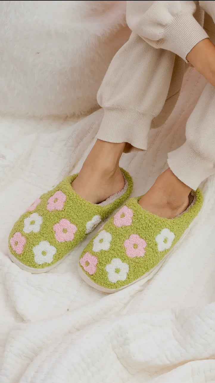 Green Floral Sherpa Slippers