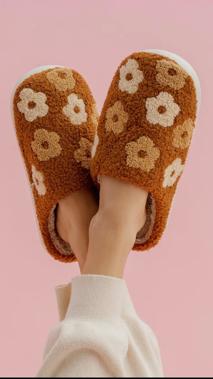 Brown Floral Sherpa Slippers