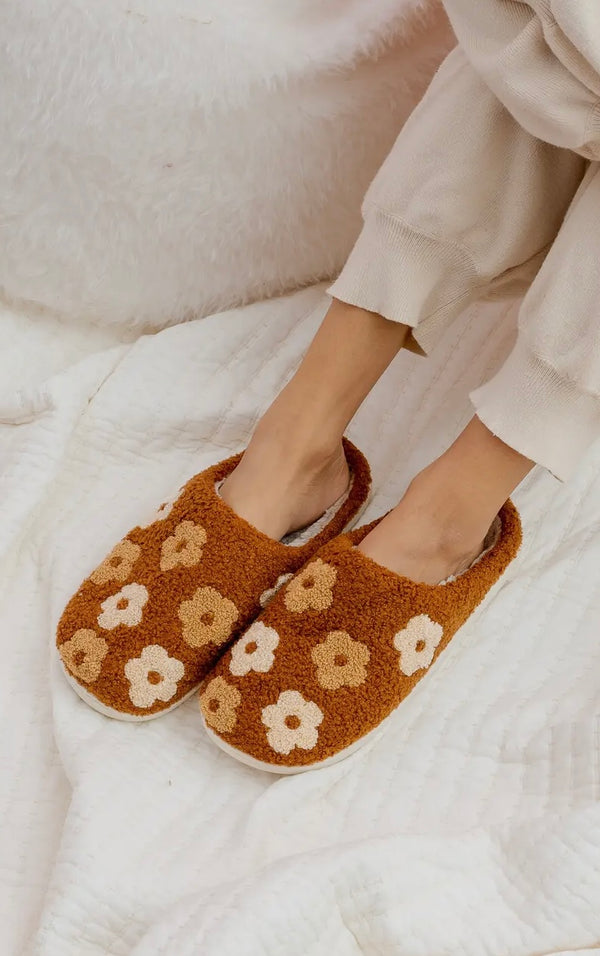 Brown Floral Sherpa Slippers