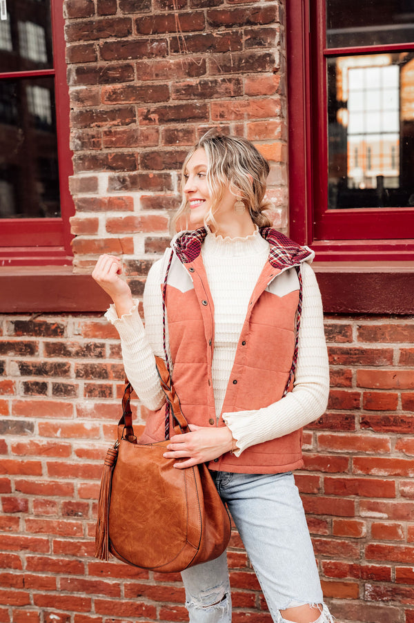 Orange Plaid Detailed Hooded Vest