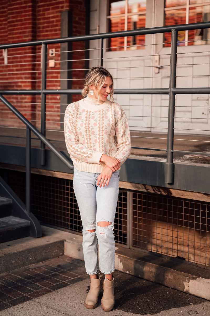 Cream+Pink Vintage Floral Sweater