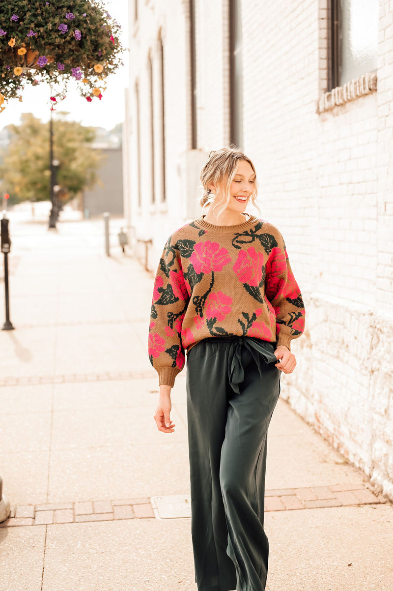 Pink Floral + Camel Sweater