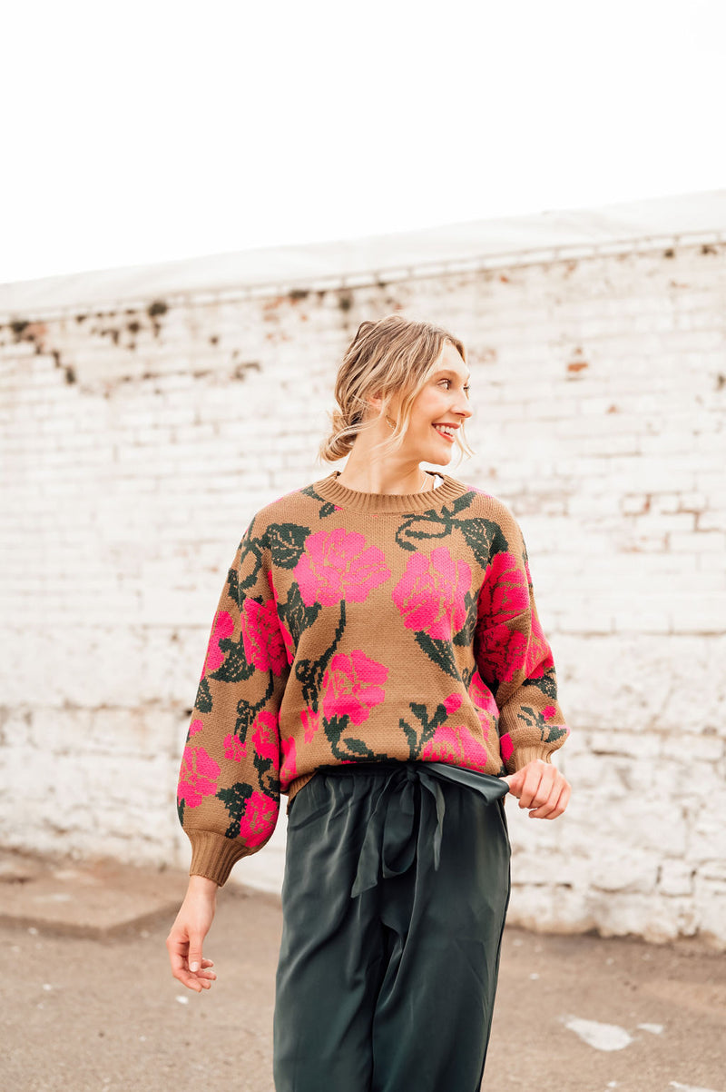 Pink Floral + Camel Sweater
