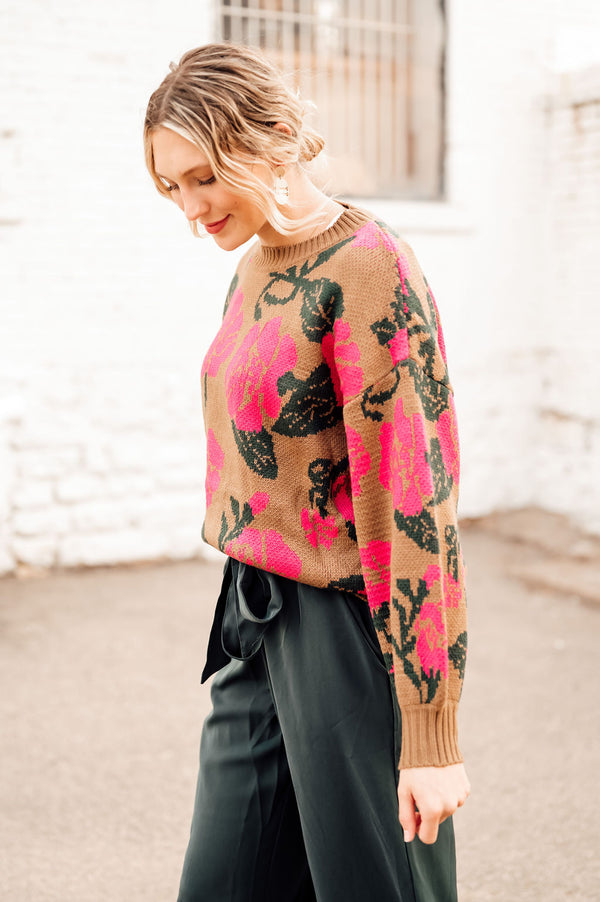 Pink Floral + Camel Sweater