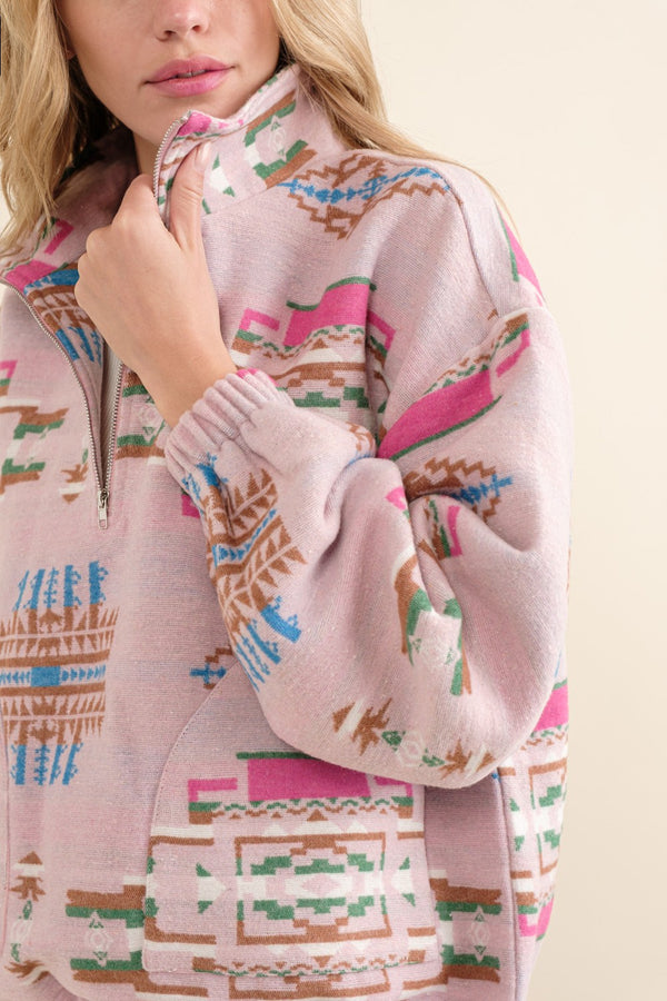 Pink Aztec Quarter Zip Pullover