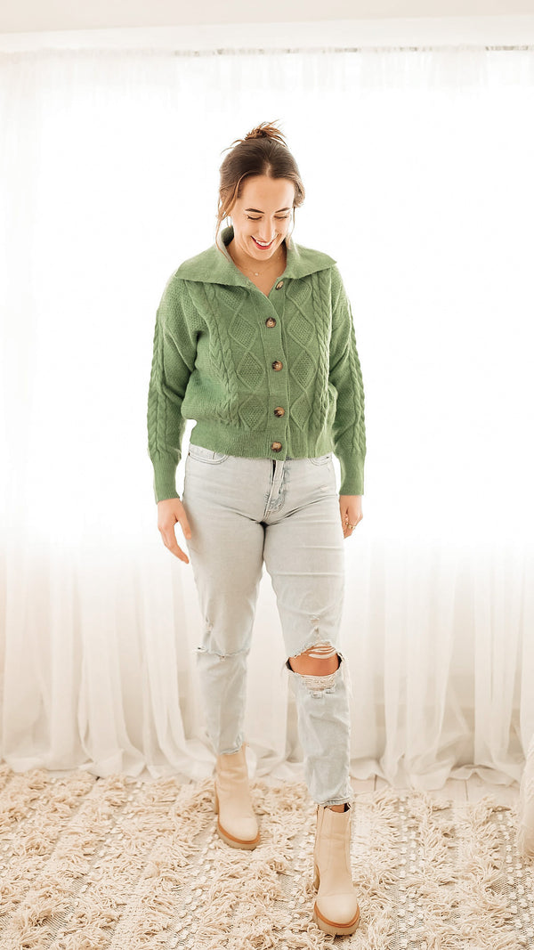 Enid Green Cable Knit Collared Cardi