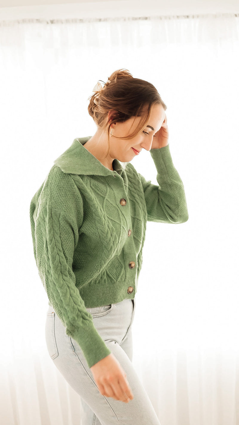 Enid Green Cable Knit Collared Cardi