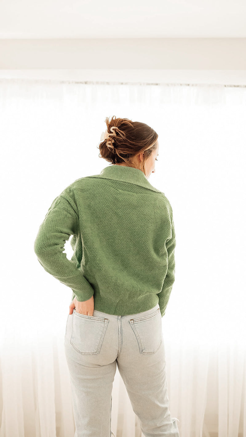 Enid Green Cable Knit Collared Cardi