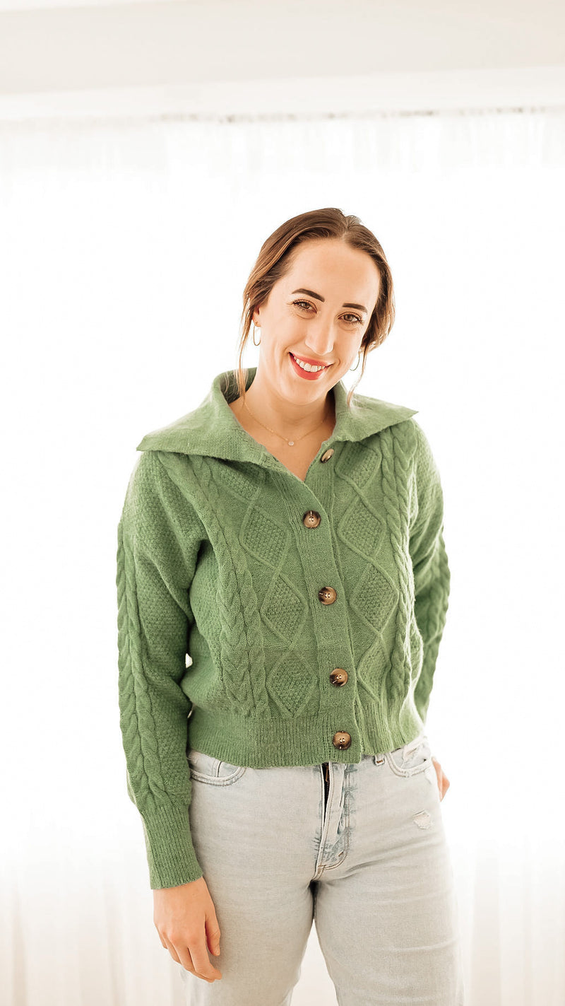 Enid Green Cable Knit Collared Cardi