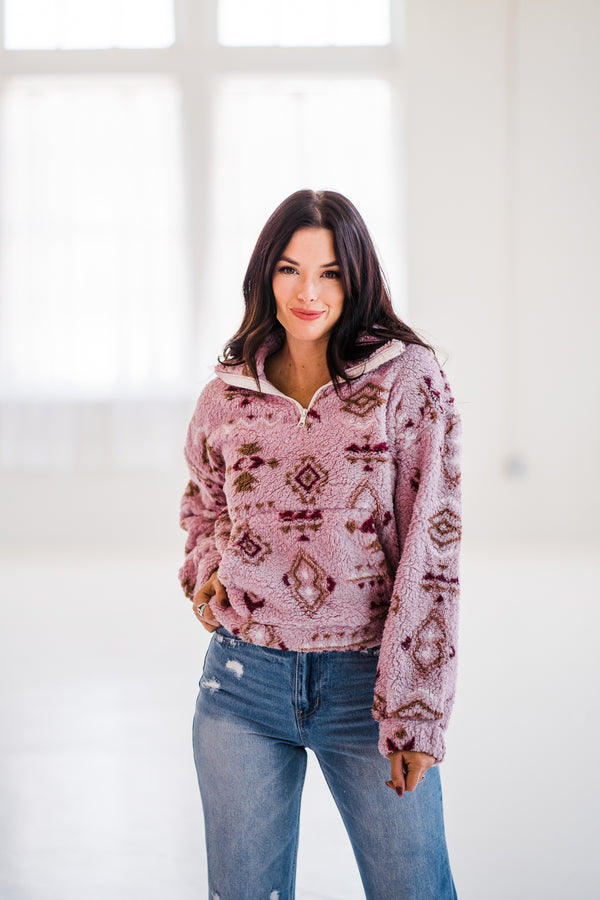 Pink + Tan Print Sherpa Pullover