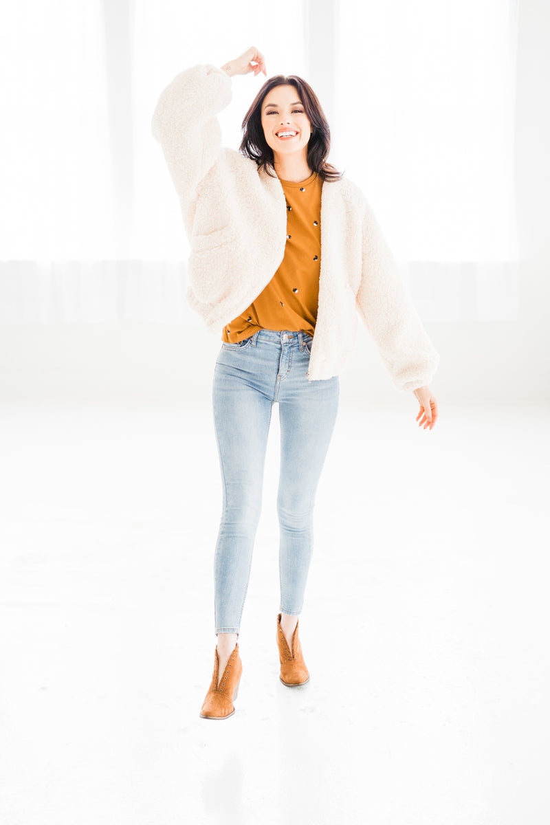 Ella Ivory Sherpa Bomber Jacket