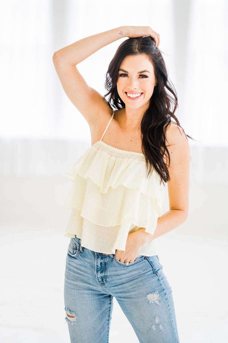 Pale Yellow Floral Ruffle Tank with swiss dots