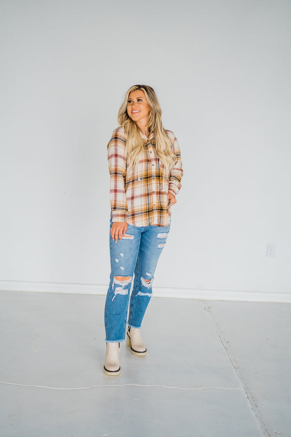 Anytime Hooded Plaid Top