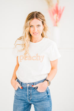 White Peachy Graphic Tee with floral embroidery 