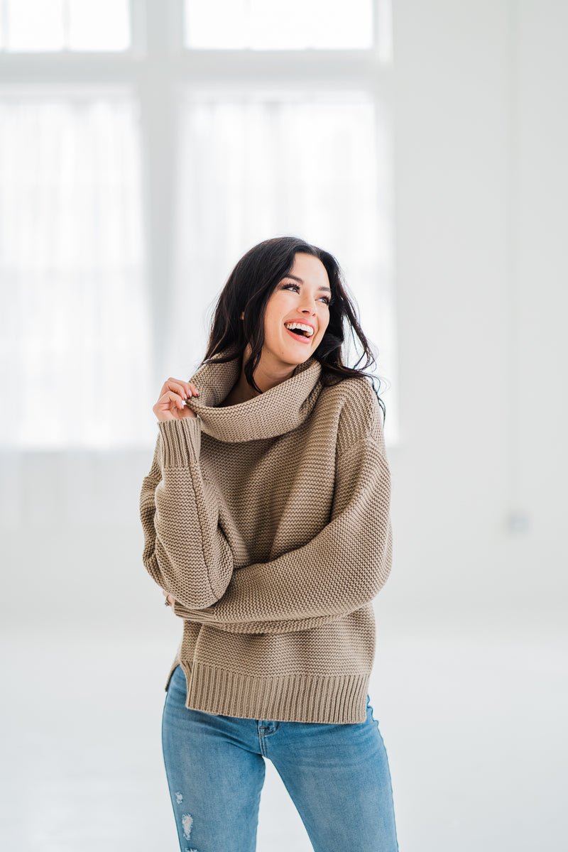 Evermore Taupe Cowl Sweater