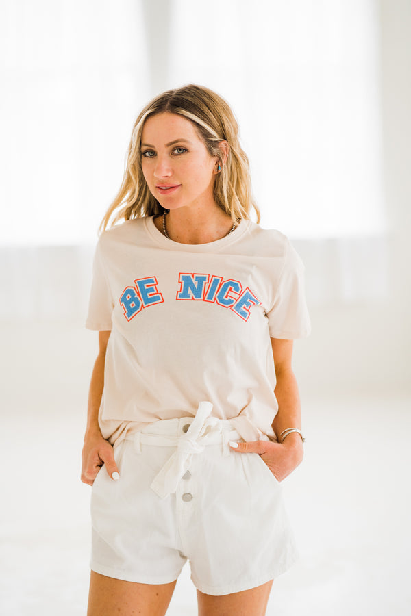 Off White "Be Nice" Graphic Tee in red and blue