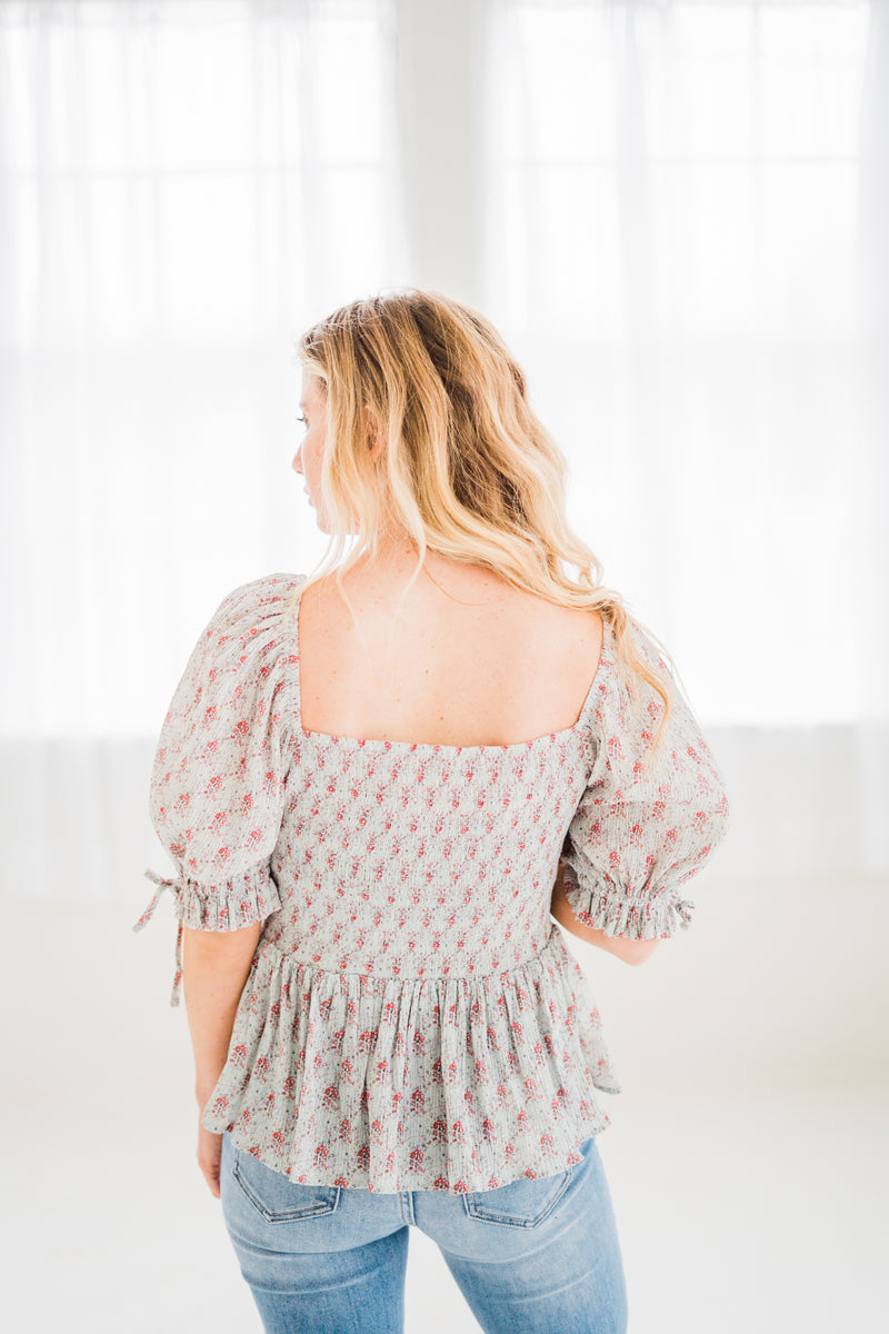 Vintage Floral Ruched Peplum Top
